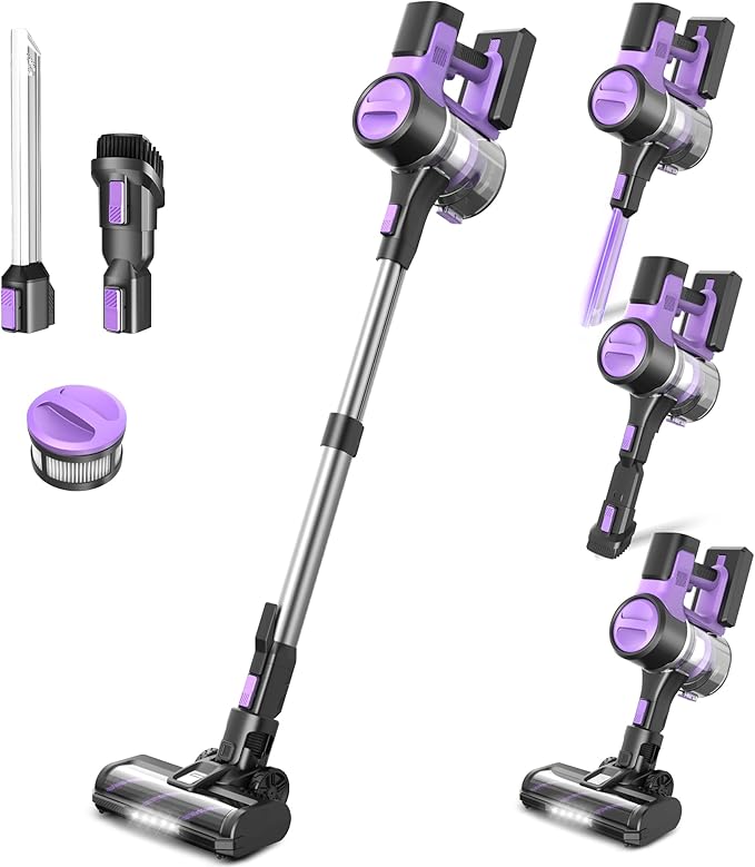 DEVOAC S10 Cordless Vacuum Cleaner, 45Kpa 50mins Lightweight Stick Vacuum with Powerful Suction for Home, Rechargeable, Self-Standing, Handheld Vacuum Cleaners for Hardwood Floors, Carpets Violet