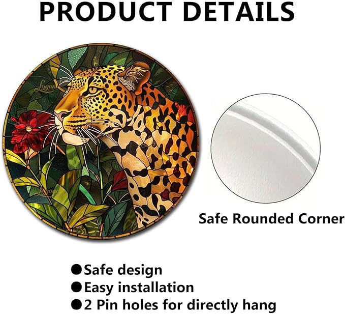 Lygond Metal Sign Tin Sign Circular Stained Glass Leopard Home Decor For Restaurant 8×8 Inches