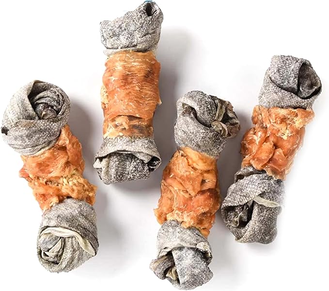 Dog Treats Chicken Wrapped Cod Skin Knotted Bones-6.5", All-Natural Healthy Fish Skin Dog Chew Treats, Rich in Omega-3 Protein, 4 Counts, 10.6 OZ