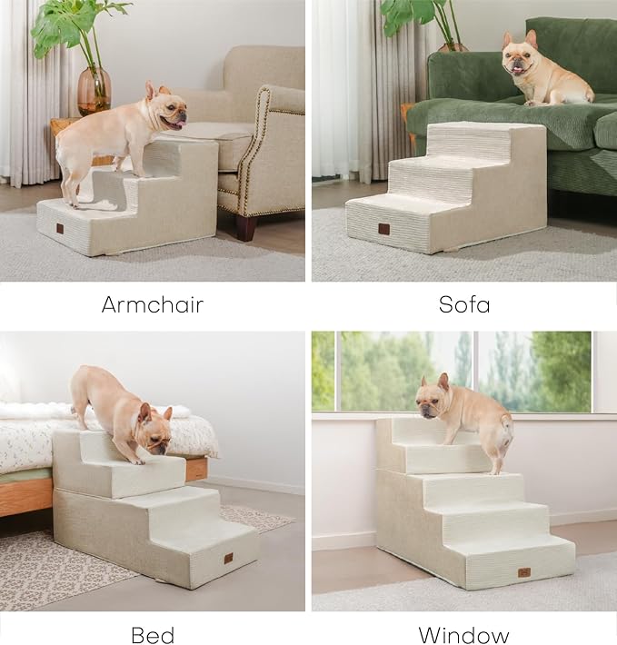 Dog Stairs for High Bed, Dog Steps for Bed Couch Sofa, 35D Foam Extra Wide Pet Steps for Small Dogs and Cats, Pet Stairs with Non-Slip Bottom Beige, 5 Steps
