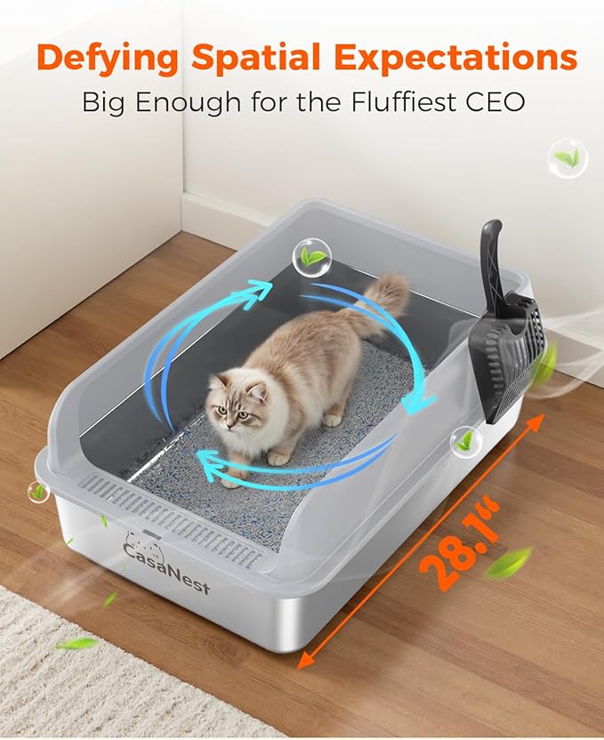 XXXL Stainless Steel Cat Litter Box 28.1''×20.5'' × 10.1” Extra Large Metal Cat Litter Box for Big, Multi Cats, Anti-Leakage & Non-Stick Metal Pan, Easy to Clean, Durable (Light Grey