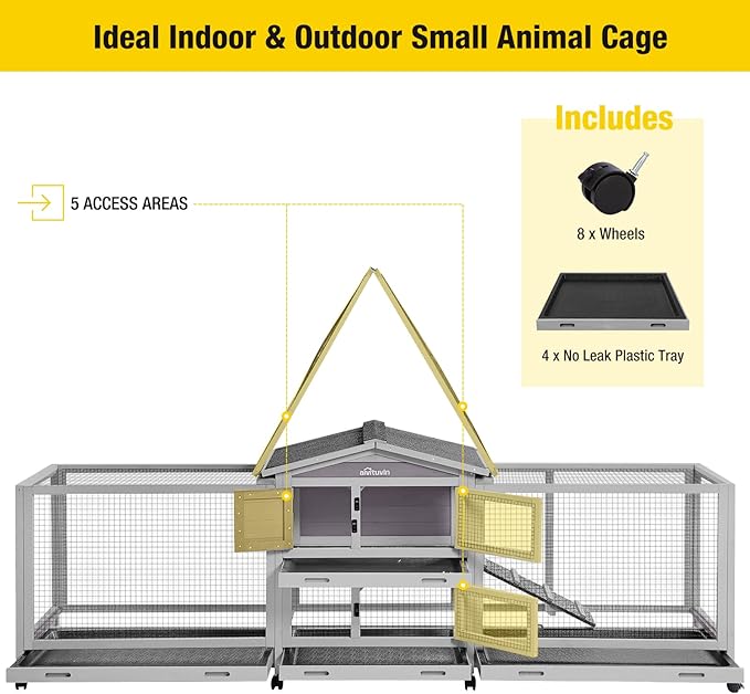 Aivituvin Rabbit Hutch 93.7" Large Rabbit Cage Indoor Outdoor Guinea Pig Cage Chicken Coop on Wheels Bunny Cage with 4 Deep No Leakage Pull Out Tray,Waterproof Roof