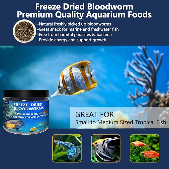 JADINGSFRAM Blood Worms Fish Food 2.5 oz, Freeze Dried Bloodworms for Fish, Bloodworms Fish Food for Freshwater Saltwater Tropical Fish Betta Cichlid Goldfish Guppy Turtle (2.5 OZ)