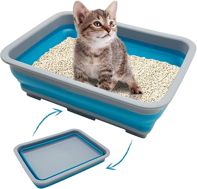 Fhiny Open Cat Litter Box, Kitten Potty Pan Semi-Enclosed Foldable Waterproof Travel Toilet Low Entrance for Indoor Cats Small Pet Kitty Rabbit Supplies Easy to Clean and Assemble