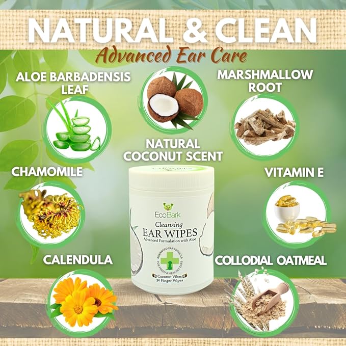 EcoBark Dog Ear Cleaner - Dog Ear Wipes with Finger Pad in Ear Solution - Gentle Otic Dog Grooming Supplies to Soothe Dog Ear Itching - Cleanse Away Dirt and Debris