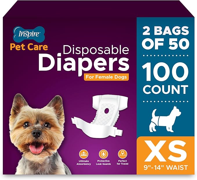 Inspire Pet Care Dog Diapers Female Dogs | Bulk Value Doggie Incontinence, Accidents, for Heat, Pee or Period and Housebreaking (X-Small (100 Count))