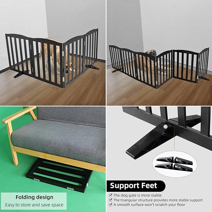 ZJSF Foldable Freestanding Indoor Dog Gate for House Wood Long Pet Gates Dog Fence for Stairs Puppy Gates for Hallways, Puppy Gate,Support Feet Included, Black, 32 "Height-4 Panels
