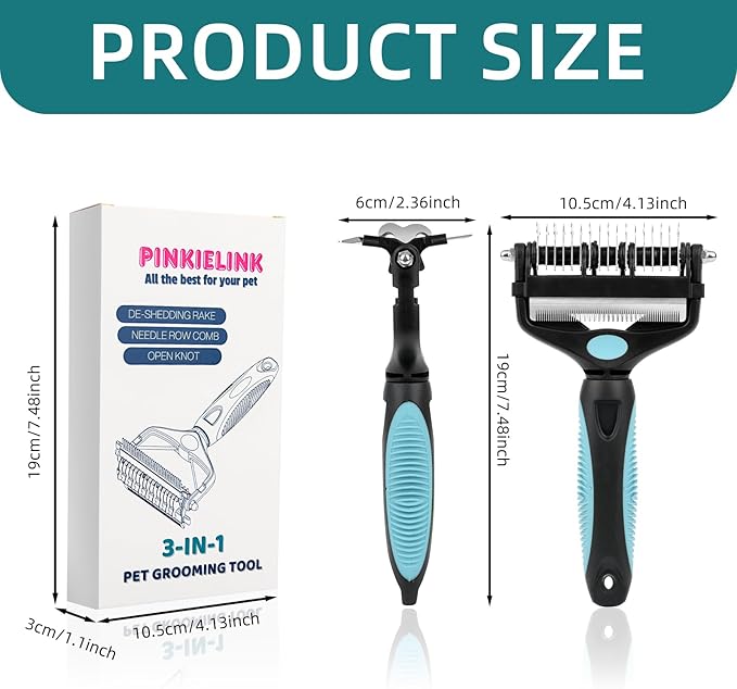 3-IN-1 Pet Grooming Tool - Undercoat Rake, Dematting Comb & Deshedding Brush for Cats & Dogs - Removes Mats, Tangles & Loose Fur, Reduces Shedding & Prevents Hair Mess (Blue)