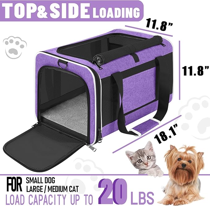 Pet Carrier for Large Cat 20 lbs+ / Soft Sided Small Dog 12 Pounds Travel Crate Top Load/Collapsible Kitty Carry Bag Big Kitten Mesh/Sturdy Animal Transport cage Kennel Long Trips Purple