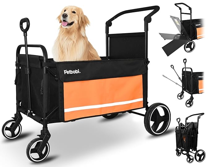 Petbobi Dog Wagon Stroller for Large & Medium Dogs - 2-in-1 Push-Pull Pet Stroller with Ramp, Foldable All Terrain Wagon Cart, One-Step Brake, Suitable for Outdoor Walks & Camping, Orange