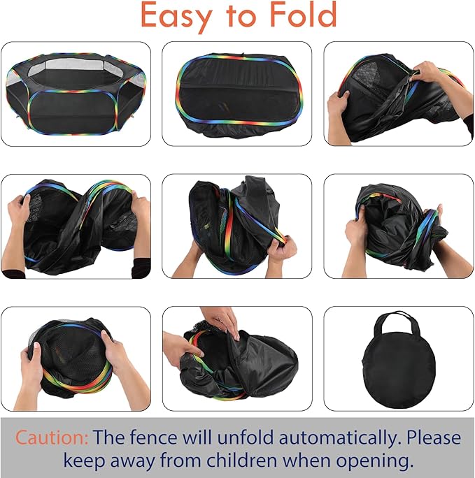 Pawaboo Small Animals Playpen, Waterproof Small Pet Cage Tent with Zippered Cover, Portable Outdoor Yard Fence with 3 Metal Rod for Chick/Kitten/Puppy/Guinea Pig/Rabbits/Hamster, Black + Rainbow