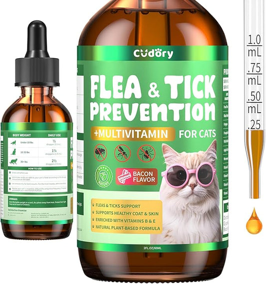 Flea & Tick Support for Cats – Natural Herbal Drops with Multivitamin – Fleas and Ticks Comfort Formula for Cat All Breeds & Ages – Bacon Flavor
