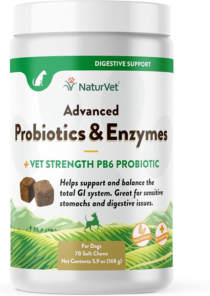 NaturVet Advanced Probiotics & Enzymes, PB6 Dog Soft Chews to Help Sensitive Stomachs and Digestive Issues, Hickory Smoked Bacon Flavored Pet Supplement for Dogs Over 6 Weeks, 70 Count Jar