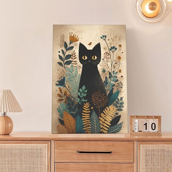 Boho Black Cat Wall Art Kitten Botanical Wall Decor Mid Century Modern Canvas Painting Print Minimalist Pictures Artwork Framed Decorations Gifts for Cat Lover Bathroom Nursery Living Room Bedroom Kitchen 16"x24"
