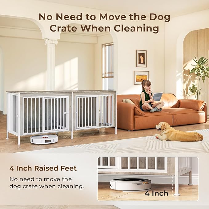 78 Inch Dog Cage Furniture for 2 Large/Medium Dogs with Removable Divider, Extra Large Double Doors Dog Kennel, XXL Thick Wooden Dog cage Furniture, Durable and Sturdy, Beige