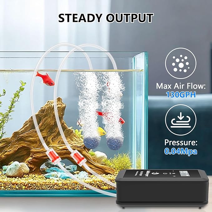 fishkeeper Rechargeable Aquarium Air Pump, 8W 130GPH Ultra Quiet Fish Tank Air Pump for 10-120 Gallon Tanks Adjustable Oxygen Aerator Pump for Outdoor-Fishing, Power Outages and Emergency