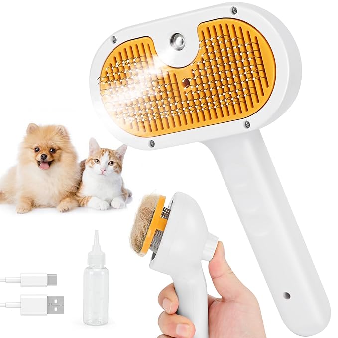 Pet Steam Brush for Cats and Dogs, 4-in-1 Spray Hair Removal Comb, Cat Brush for Shedding and Grooming for Long & Short Haired Pets