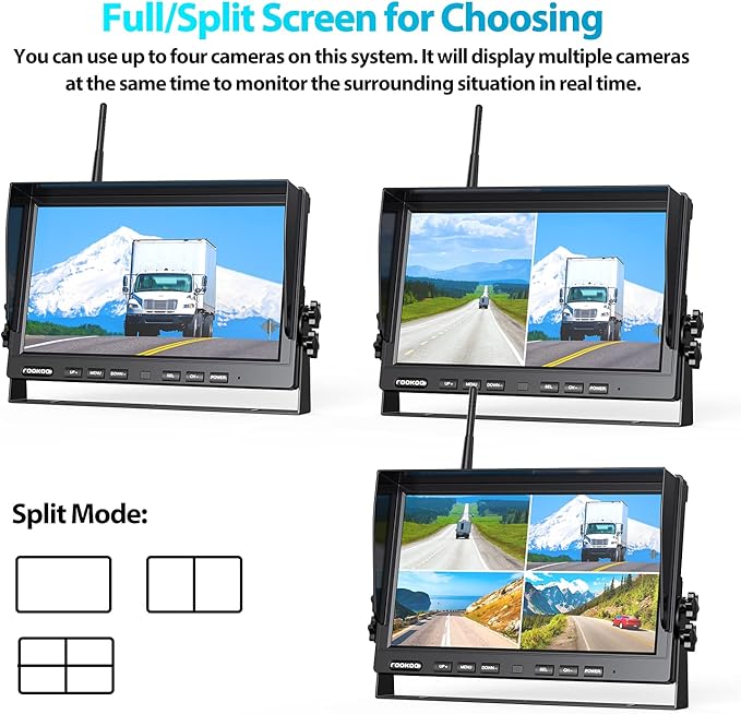Fookoo 1080P 10" Wireless Backup Camera System, 10" Dual/Quad Split Monitor with Recording, IP69 Waterproof Rear/Front View Cameras, Parking Lines for RV/Truck/Trailer/Van(DW102)