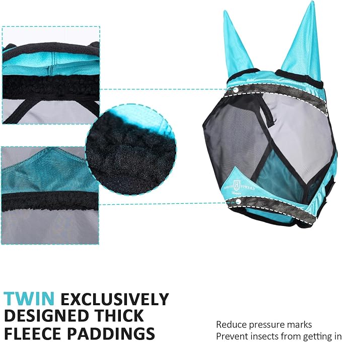 Harrison Howard Pro Luminous Horse Half Face Fly Mask Large Eye Space with Ears UV Protection for Horse Teal S
