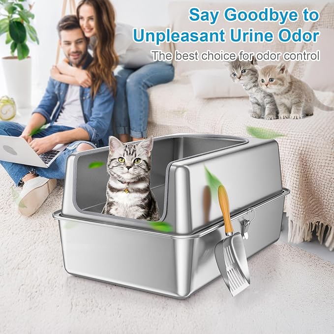 12'' High Sides XL All Stainless Steel Cat Litter Box with Lid,Deep Metal Litter Box for Big Cats,Extra Large Litter Boxes with High Wall Enclosure,Anti-Leakage,Never Absorbs Odors,Non-Sticky Surface
