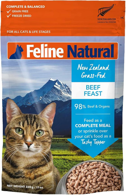 Feline Natural High Protein Dry Cat Food, Freeze-Dried Diet with 98% Meat, Organs & Seafood, No Peas, Grains, or Artificial Additives, Made in New Zealand, Beef, 11oz