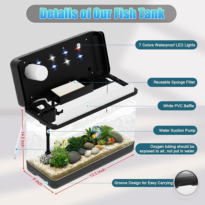 Fish Tank 3 Gallon Smart Aquarium Kits with Silent Water Pump,Self Cleaning System,7 Color Lights,Temperature Display, Aromatherapy, Advanced Filtration for Small Fish Kids Room Desktop Decor