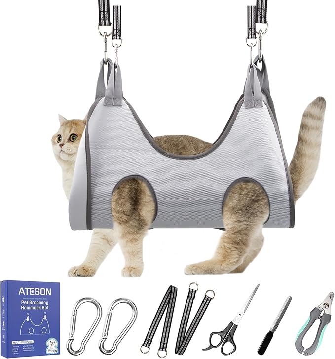 Pet Grooming Hammock Harness for Cats & Small Dogs (XXS), Dog Nail Trimming Sling with Clippers, Scissors & Nail File, Hanging Holder for Easy Grooming & Nail Care