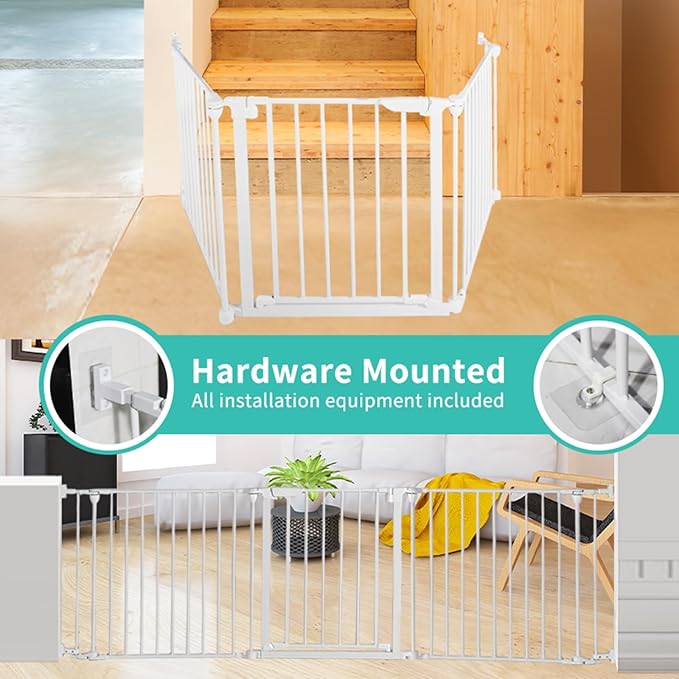 Extra Wide Baby Gate, 30" Tall 142" Wide Configurable Baby Gate Fireplace Safety Fence, Metal Pet Safety Playpen for Toddler/Pet/Dog Christmas Tree Fence (Whtie, (6-Panel))