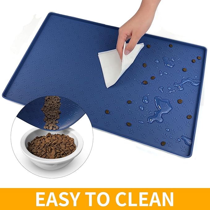 Ptlom Silicone Pet Placemat for Dog and Cat, Waterproof Non-Slip Pet Feeding Bowl Mats for Food and Water, Small Medium Large Tray Mat Prevent Residues from Spilling to Floor, Navy Blue, 24.5" 16.5"