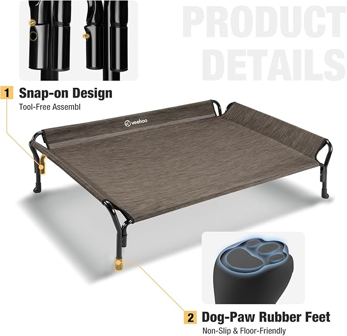 Veehoo Medium Elevated Dog Bed, Guardrail, Non-Slip, Chewproof, Washable & Breathable Teslin Mesh, Brown