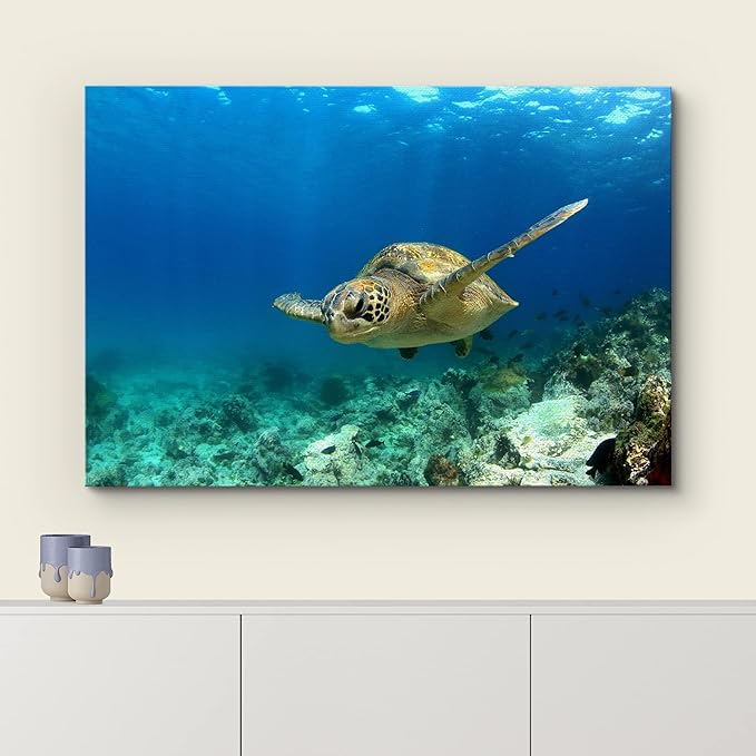 wall26 Canvas Print Wall Art Sea Turtle Gliding Through Sea Nature Ocean Photography Realism Nautical Scenic Relax/Calm Multicolor Ultra for Living Room, Bedroom, Office - 24"x36"