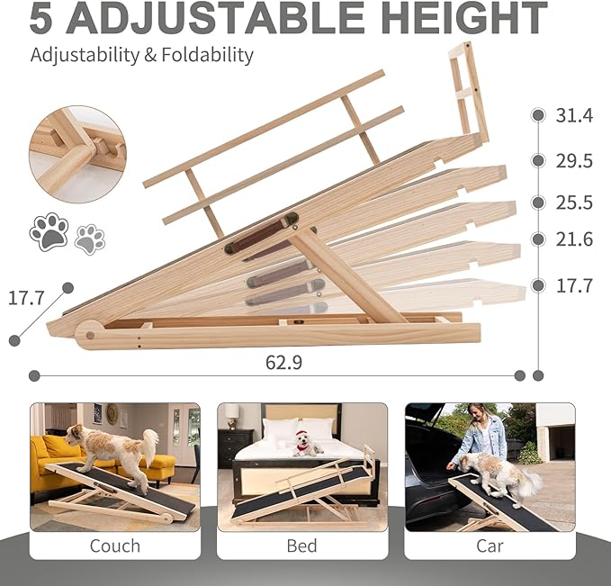 ABORON Folding Wooden Extra Long Dog Ramp, Non-Slip Rubber Mat, 63" Long for High Bed/Couch/Car, 5 Levels Adjustable Pet Ramp, 17.7'' Wide, Supports Small & Large Senior Dogs & Cats up to 200 lbs