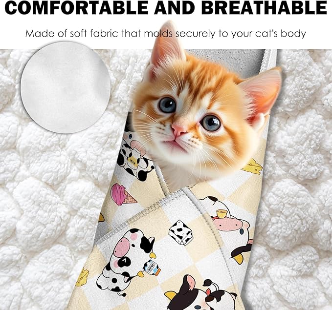 27.6" Cat Grooming Wrap, Self Adhesive Cat Wrap for Cutting Nails, Anti-Escape Calming Cat Swaddle Wrap for Medicine Ear Cleaning, Cartoon Cow Anti-Scratch Cats Burrito Restraint Blanket, Pet Tool