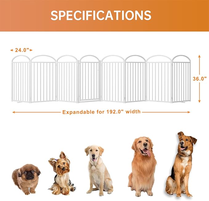 8 Panles Full Matel Freestanding Dog Gates with Door, 192"Extra Wide 36"Tall Free Standing Dog Pet Gate for Indoor & Outdoor. Foldable Pet Fences for Doorways, House, Stairs, Porch, Deck, Yard