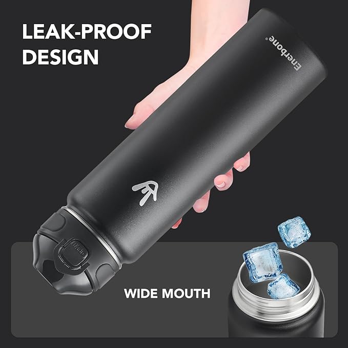 Enerbone 32 oz Insulated Water Bottle, Stainless Steel Bottle with Carrying Strap, Double-Wall Vacuum Insulation Design, Leakproof Sports Bottle with Straw, Keep Drinks Cold or Hot for Hours