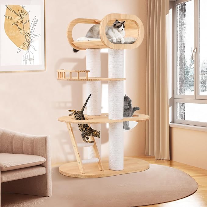 63'' Tall Modern Cat Tree for Indoor Cats, Luxury Cat Tree, Multi-Level Wood Climb Tower for Large Cat, Heavy Duty Kitty House with Transparent Bowl, Large Perches with Removable Cushion