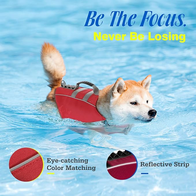 Pawaboo Dog Life Jacket, Reflective Dog Safety Vest Adjustable Pet Life Preserver with Strong Buoyancy & Sturdy Rescue Handle, Ripstop Dog Lifesaver Vests for Swimming, Boating, XL, Red