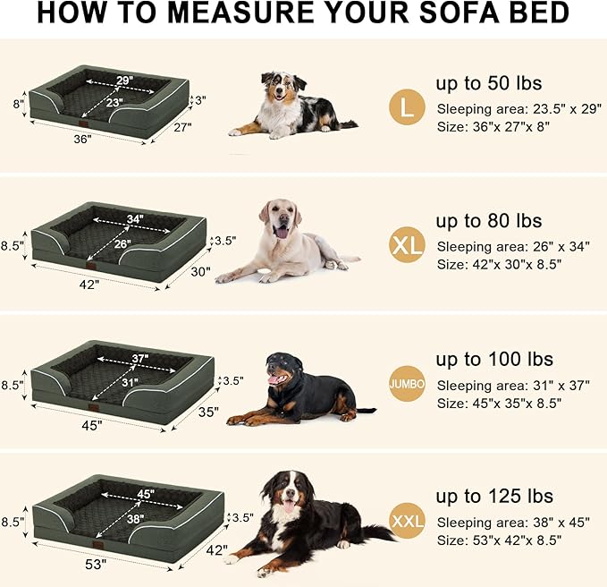 Orthopedic Waterproof Dog Bed for Extra Large Dogs, Memory Foam XL Dog Bed with Sides, Egg-Crate Foam and Non-Slip Bottom Jumbo Dogs Couch Beds with Washable Removable Cover(Jumbo,Dark Green)