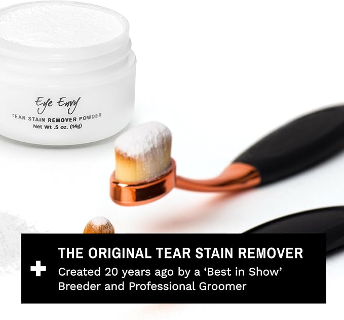 Eye Envy Tear Stain Remover Powder for Dogs and Cats. 100% Natural, Safe. Apply Around Eyes. Absorbs and Repels Tears. Keeps Area Dry. Treats The Cause of Staining. Made in The USA. (.5 oz)