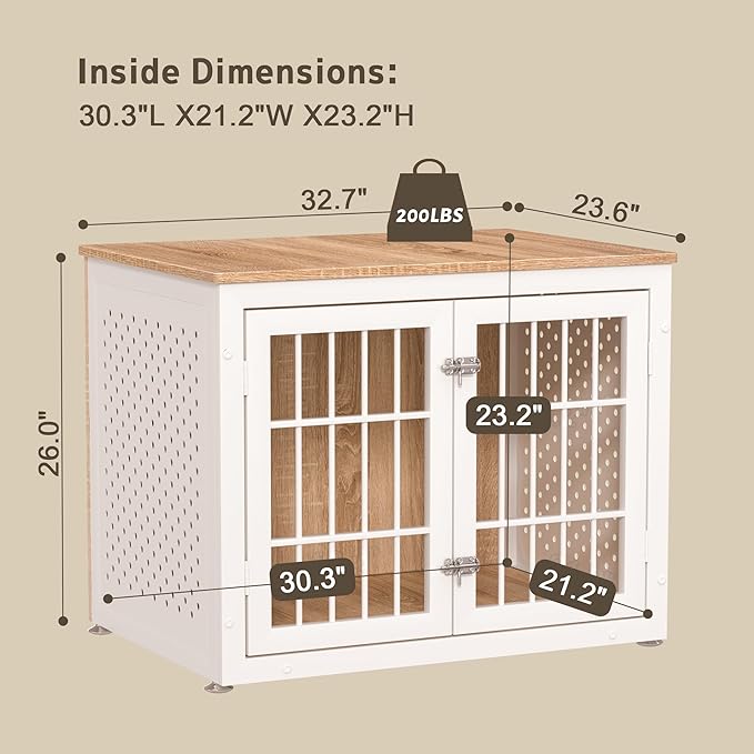 32" Heavy Duty Dog Crate Furniture for Small and Medium Dogs, Metal Kennel for High Anxiety Dogs, Chew Proof Pet Cage Indoor, Decorative Dog Kennel End Table, White