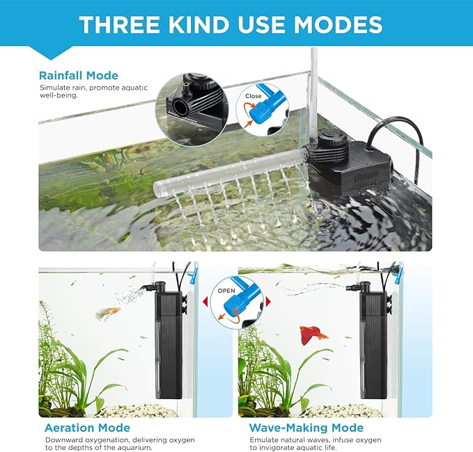 Internal Fish Tank Filter, 12W Adjustable Water Flow Submersible Aquarium Filter Pump for 40~60 Gallon Freshwater or 25~45 Gallon Saltwater, 2 Mode Aeration & Rainfall, TE-900(250GPH)