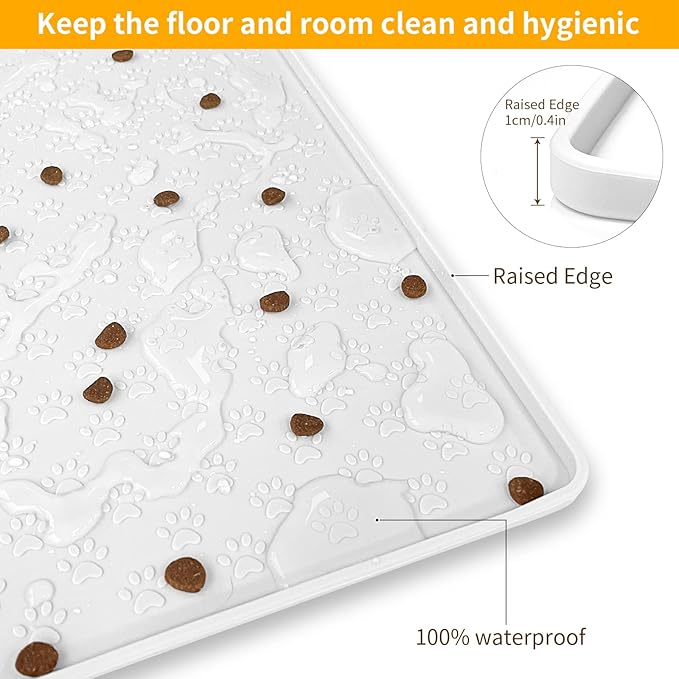 Ptlom Pet Placemat for Dog and Cat, Waterproof Silicone Pet Feeding Bowl Mats for Food and Water, Small Medium Large Dogs Mat Prevent Residues from Spilling to Floor, White, 31.5" 23.6"