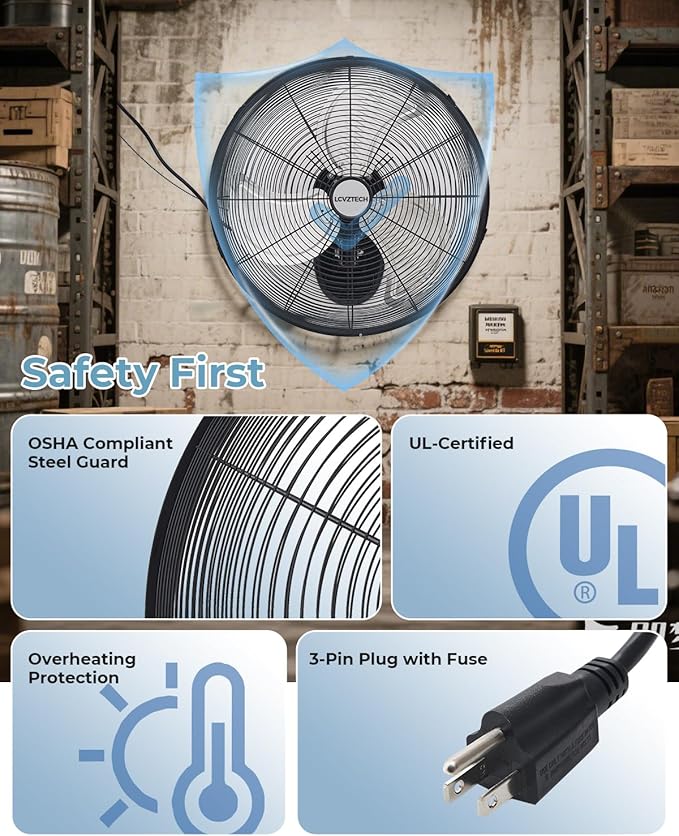 20 inch Wall Mount Fan Oscillating, 3-Speed 5500 CFM High Velocity Industrial Wall Mounted Fan, Heavy Duty Air Circulator for Garage, Shop, Gym, Workshop, Covered Patio - UL Listed