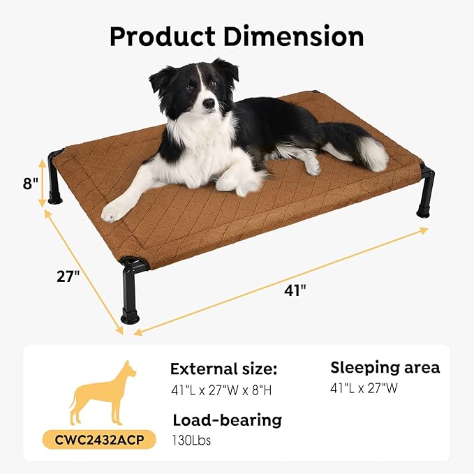 Veehoo Soft Plush Elevated Dog Bed, Raised Dog Beds with Heavy Duty Frame, Non-Slip Silicon Feet, Washable & Breathable Pet Cot for Indoor or Outdoor Use, 41" x 27", Brown, CWC2432A