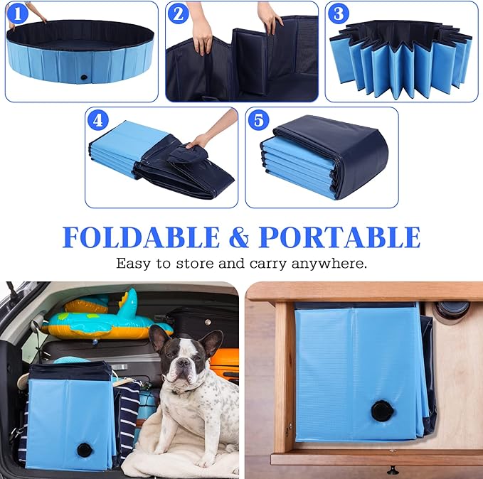 Foldable Dog Bath Swimming Pool Plastic Kiddie Pool Professional Tub Collapsible Grooming Bathtub for Pets Kids Baby and Toddler, 39.5 x 12 Inches Blue