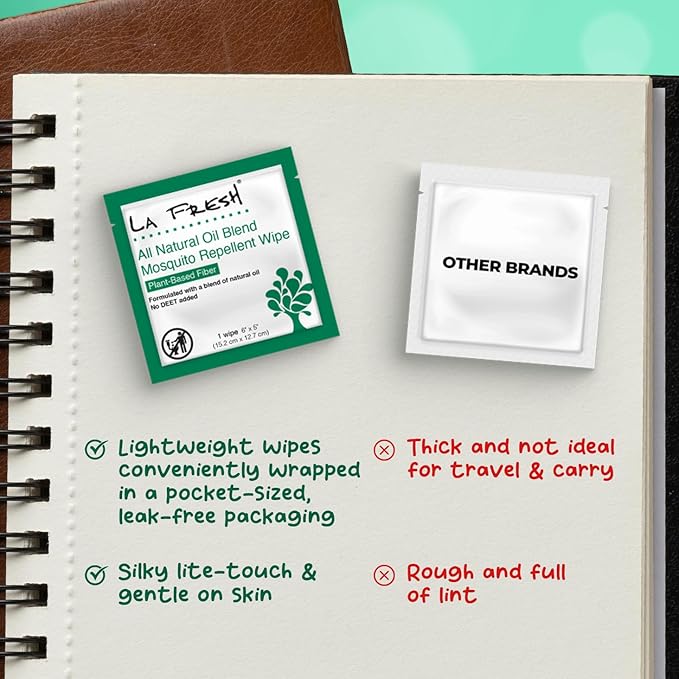 LA Fresh DEET Free Natural Mosquito Repellent Wipes - Long Lasting Bug Repellant - Pack of 50