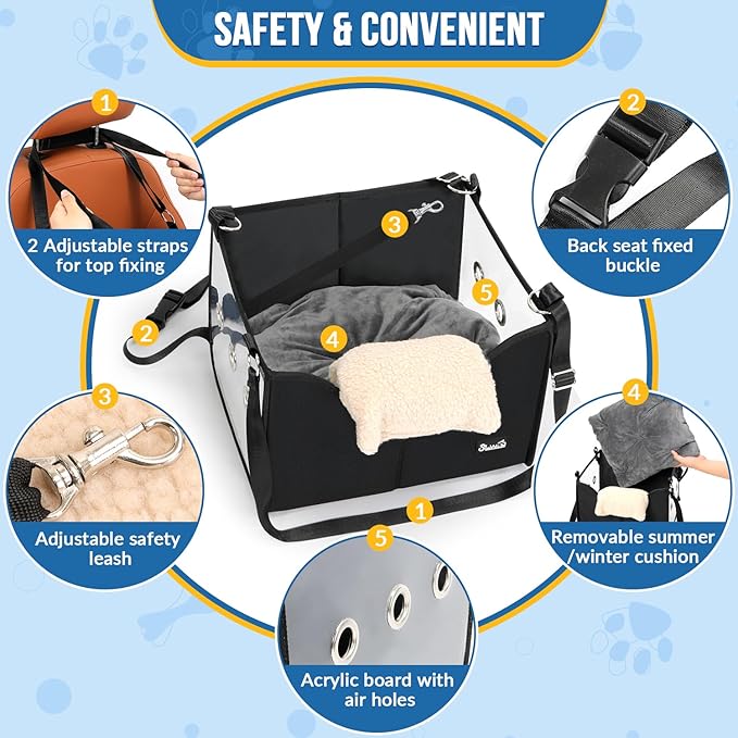 SlowTon Dog Car Seat for Small Dogs - Elevated Portable Dog Booster Seat Under 18 lbs, Pet Dog Travel Carrier with Clear Side Panel, Safety Belt and Soft Cushion