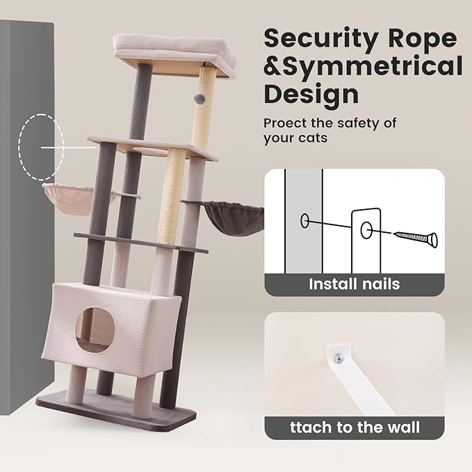 Gardner Pet 65in Heavy Duty Cat Tree Tower for Large Cats, Multi-Level Cat Furniture with Replaceable Sisal Scratching Post, Hammock | Extra-Large Platform & Condo Easy to Clean (Corduroy)