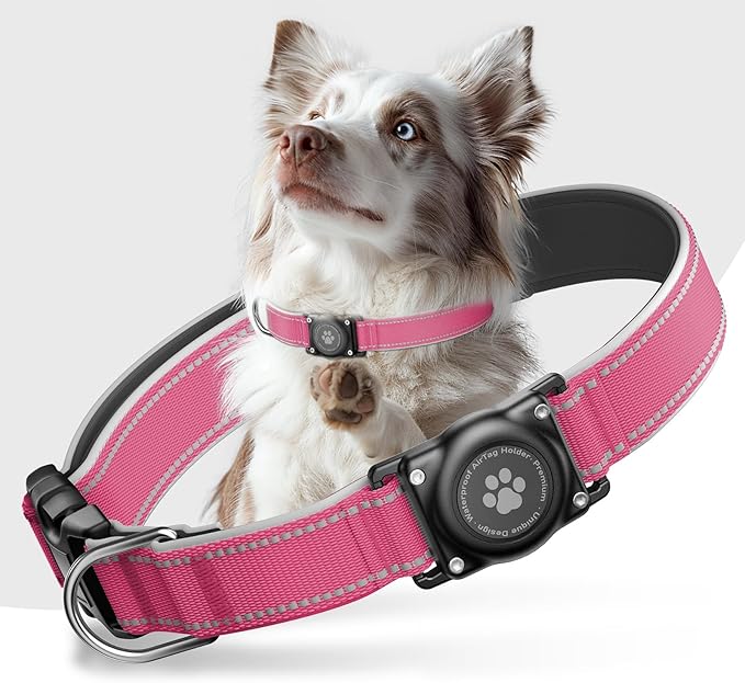 Airtag Dog Collar - 100% Waterproof Air tag Dog Collar Holder for Apple AirTag, Reflective, Soft Padded, Everlasting, GPS Dog Collar for Small Medium Large Dogs (Hot Pink, XL)