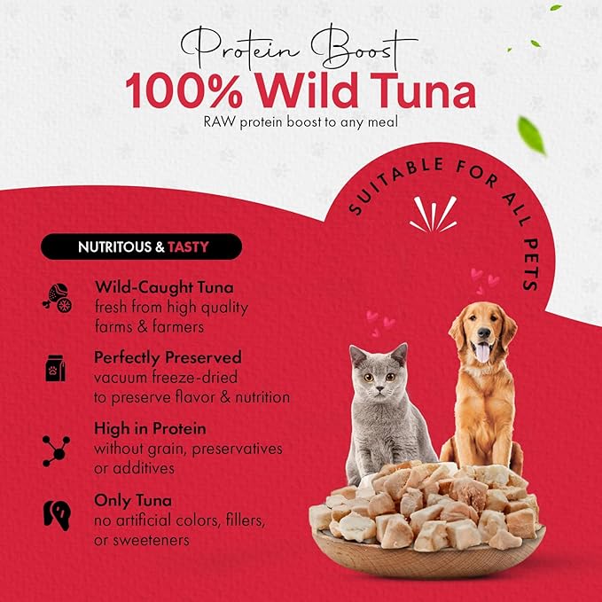 Freeze-Dried Tuna Treats for Cats & Dogs – 100% Wild Caught, Single Ingredient, High-Protein, Healthy Snack – No Additives or Preservatives – 3.5oz - Inspected & Tested in USA